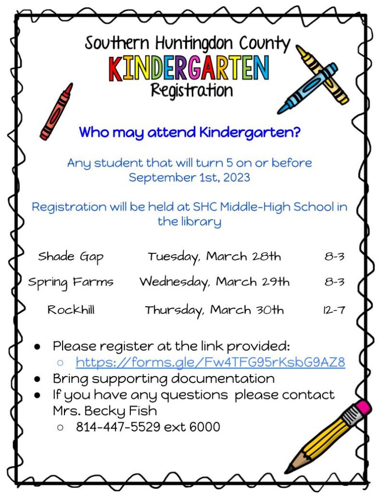SHCSD Kindergarten Registration for Fall of 2023 School Year.