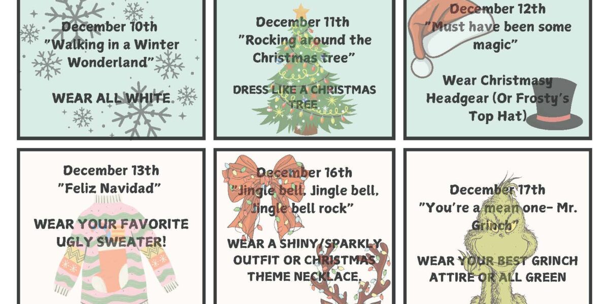 the 12 days of Christmas dress up days with you. This will be for all SHC HS/MS staff and students